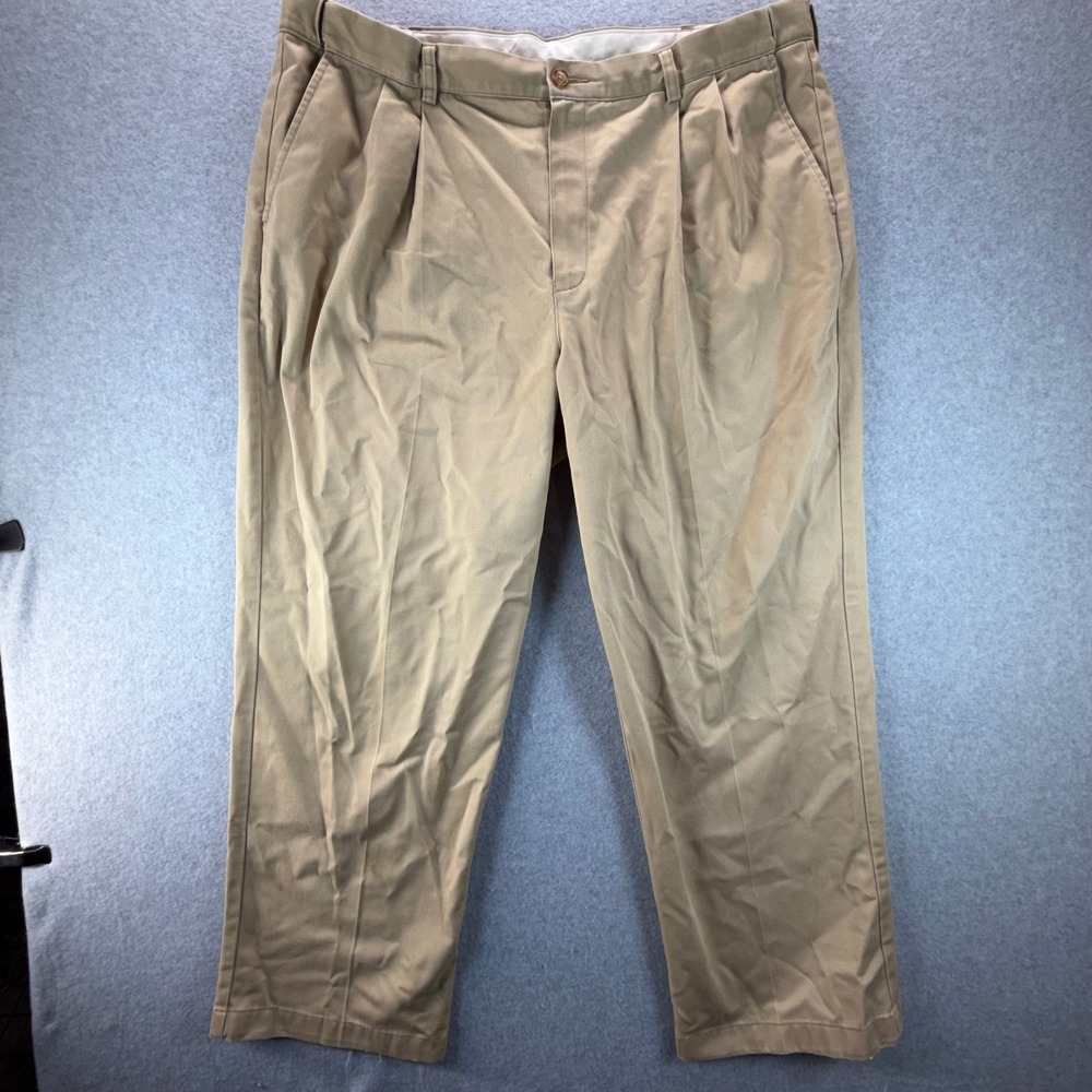 LL Bean Comfort Waist Pleated Chino Pants Mens 42x29 Khaki Tan Cotton 238076